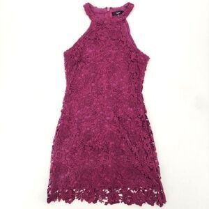 Lulus Love Poem Halter Dress Size Medium Magenta Lace Mini Crochet Floral Party